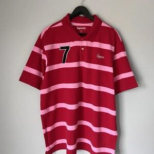 Supreme Red and Pink Striped Polo with Number 7 Patch